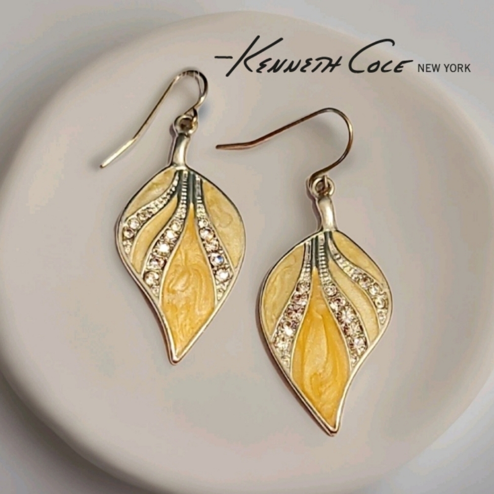 Vintage Y2K Kenneth Cole Designer Crystal Leaf Gold Drop Earrings